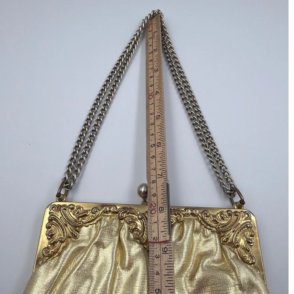 Vintage Gold Satin Evening Bag Ornate Frame Chain Strap‎ Clutch w/ Coin Bag